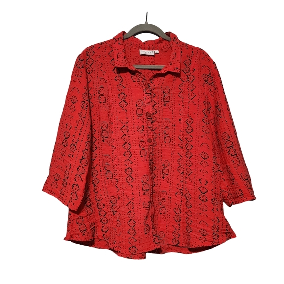 Habitat Tops - HABITAT CLOTHES TO LIVE IN Red Wearable Art To Wear Button Up Top XL Lagenlook